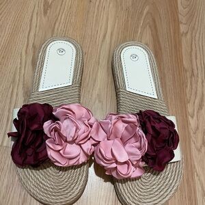 Red and Pink Slide Sandals with Floral Embellishments